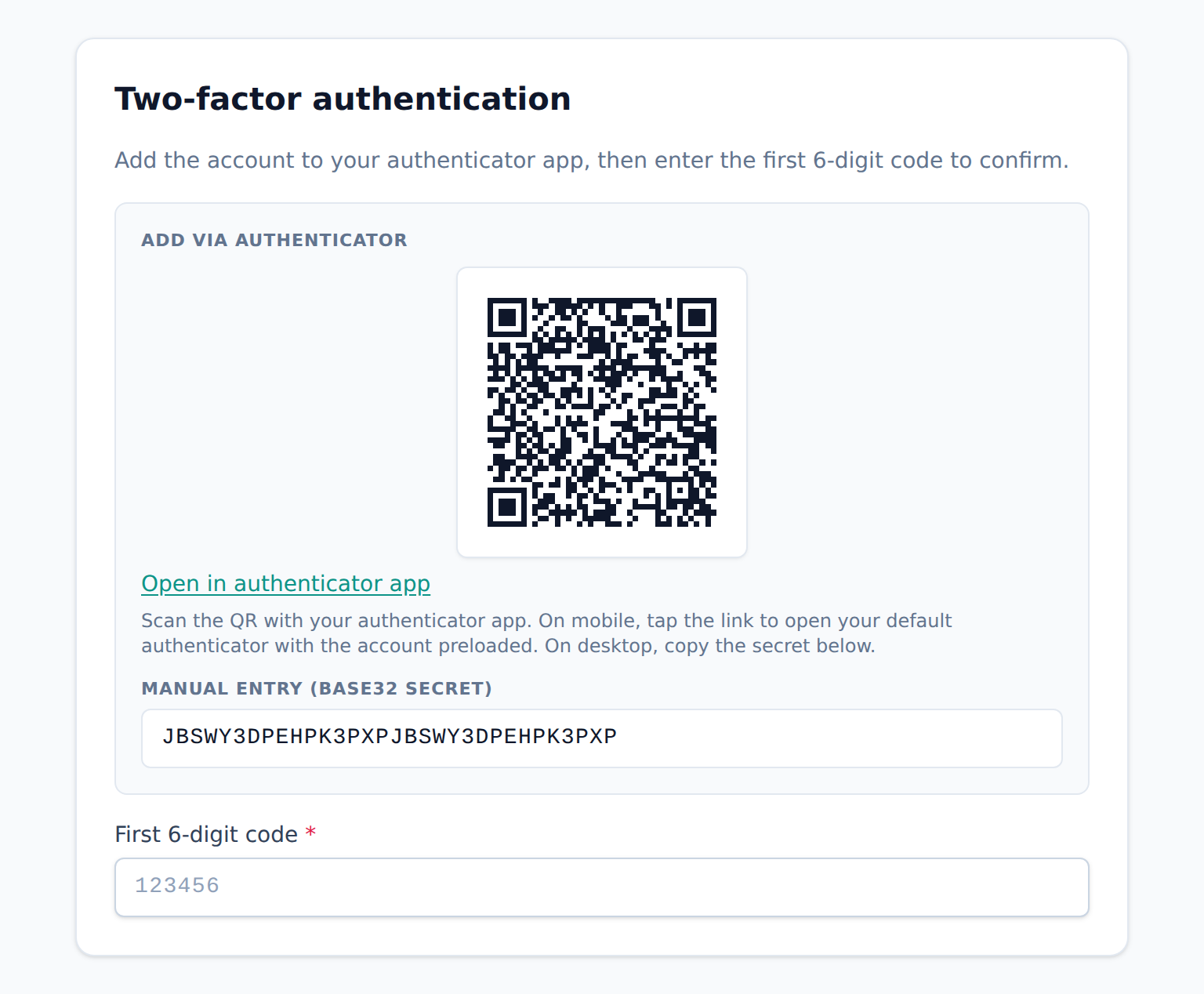 Setting up two-factor